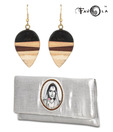 Favola Silver Clutch And A Pair Of Wooden Earrings Combo