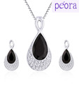 Peora Bezel Set CZ Sterling Silver Black Drop Pendant Set
