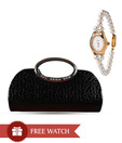 Oleva Black Croc Print Embellished Clutch With Free Women