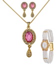 Oleva AD & Faceted Pink Crystal Pendent Set & Pearl Watch Combo