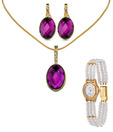 Oleva AD & Faceted Purple Crystal Elegant Pendent Set & Pearl Watch Combo