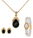 Oleva AD & Faceted Black Crystal Pretty Pendent Set & Pearl Watch Combo