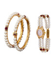 Oleva Pair of Classy Pearl Bangles & Pearl Watch Combo
