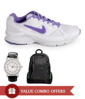 Combo of Nike White-Violet Running Shoes, Watch & Backpack