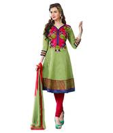 Fabdeal Green-Red Cotton Embroidered Unstitched Suit With Dupatta