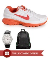 Combo of Nike White-Orange Running Shoes, Watch & Backpack
