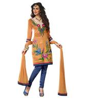Fabdeal Orange-Blue Cotton Embroidered Unstitched Suit With Dupatta