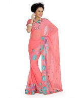 Designersareez Charming Coral Orange Floral Embroidered Saree