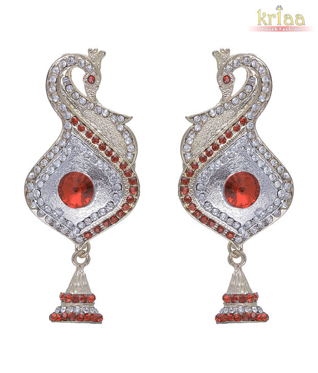 Kriaa Peacock Design Red Earrings