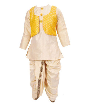 Kilkari Cream Dhoti Kurta With Yellow Brocade Jacket For Kids For Kids