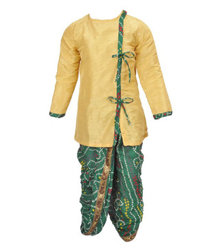 Kilkari Yellow Angrakha Kurta & Green Dhoti For Kids