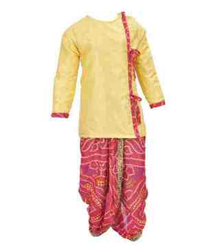Kilkari Yellow Angrakha Kurta & Red Dhoti For Kids