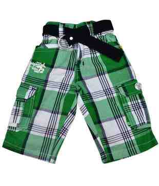Ruff Green Checks Bermuda With Belt For Kids