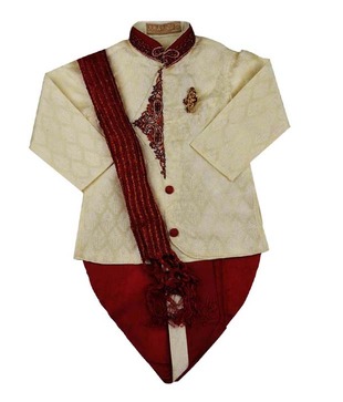 Raja Sahab Golden & Maroon Dhoti Kurta For Kids