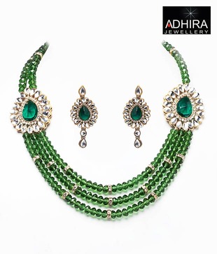 Adhira Gorgeous Green Stones & Beads Necklace Set