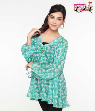 Frolic Alluring Aqua Green-White Chiffon Top