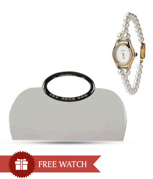 Oleva White Croc Print Embellished Clutch With Free Women's Watch