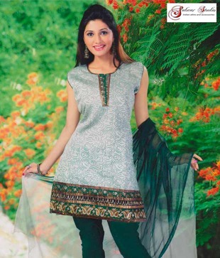 Salwar Studio Off White and Green  Printed Cotton Suit