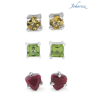 Johareez Peridot, Ruby & Citrine Silver Earrings Combo