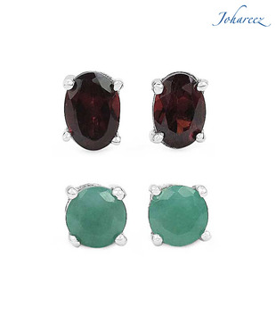 Johareez Garnet & Emerald Silver Earrings Combo